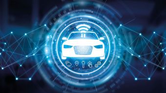Icon eines Elektroautos mit verschiedenen Symbolen auf blauem Hintergrund