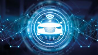 Icon eines Elektroautos mit verschiedenen Symbolen auf blauem Hintergrund